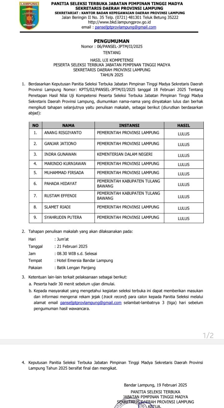 Peserta Lolos Uji Kompetensi Seleksi Sekda Lampung, Lanjut ke Tahap Penulisan Makalah